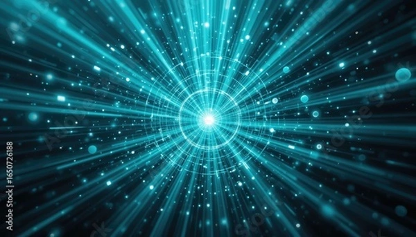 Fototapeta Magnificent Explosion of Teal and Blue with Sparkling Circles and Radiating Beams
