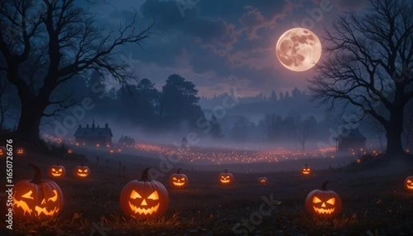 Fototapeta A hauntingly gorgeous Halloween twilight scene including sparkling Jack-o'-lanterns in a foggy countryside under a full moon