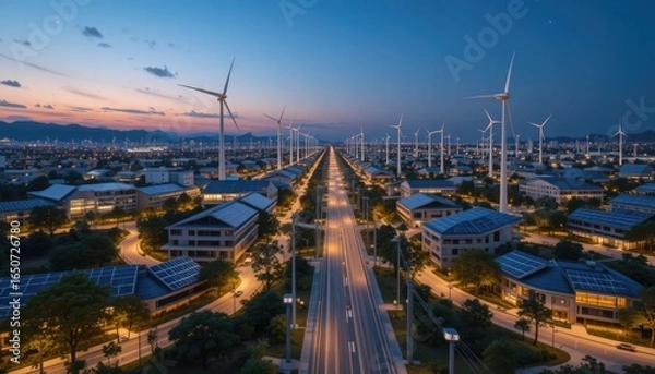 Fototapeta A decentralized energy grid of solar panels and wind turbines powers this contemporary smart city, which is connected by illuminated pathways that represent the flow of energy after nightfall.