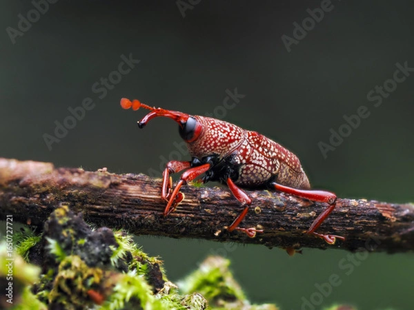 Fototapeta close up view of a weevil bug with out of focus green colored background