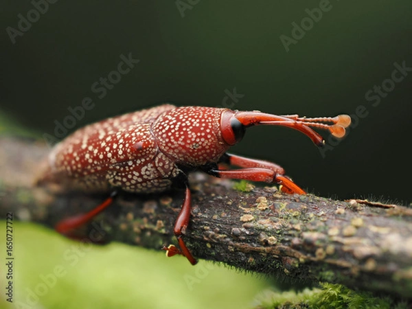 Fototapeta close up view of a weevil bug with out of focus green colored background