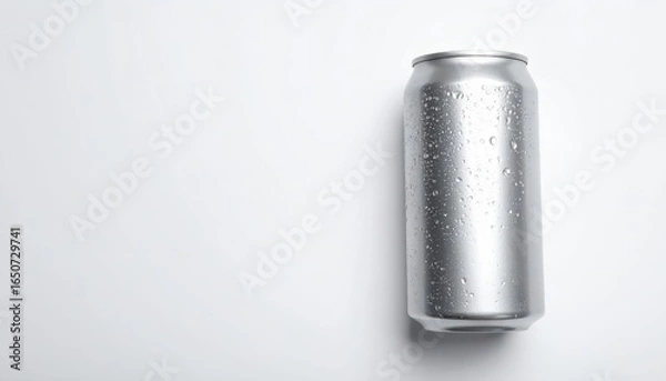 Fototapeta Close-up of a refreshing cold beverage can with water droplets on a white background