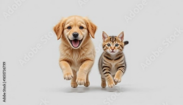 Fototapeta Available in transparent PNG
 Isolated on a clear background, a golden retriever puppy and a tabby cat frolic and run together like friends.
