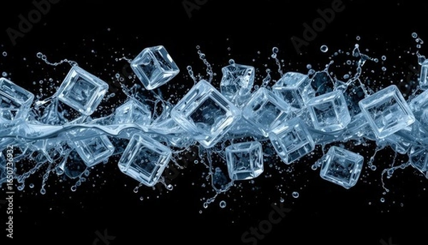 Fototapeta For images with a refreshment theme, this dynamic view of falling ice cubes with water splashes against a black backdrop is perfect.