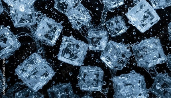 Fototapeta For images with a refreshment theme, this dynamic view of falling ice cubes with water splashes against a black backdrop is perfect.