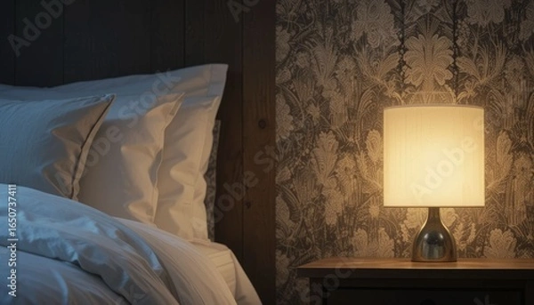 Fototapeta There is a lamp on the nightstand next to the bed.