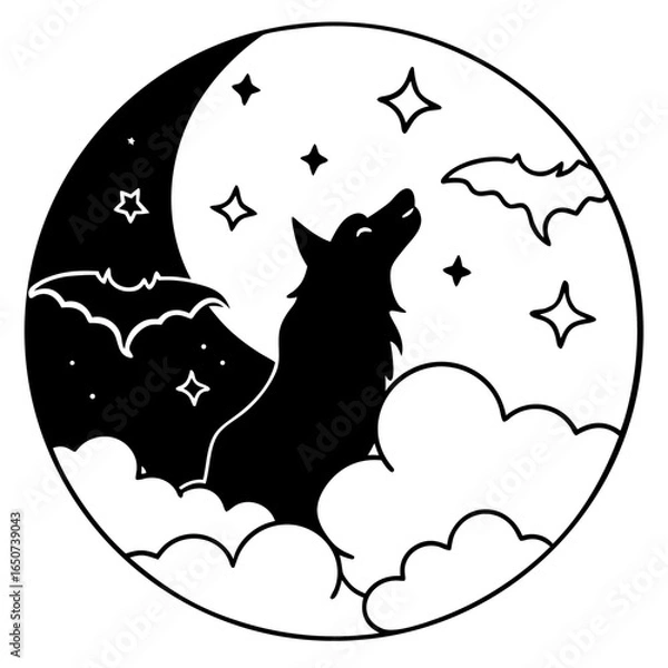 Fototapeta  full moon with howling wolf vector on a white background