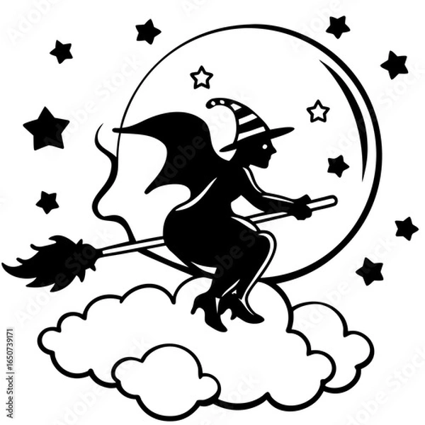 Fototapeta Witch in the night sky vector silhouette on a white background