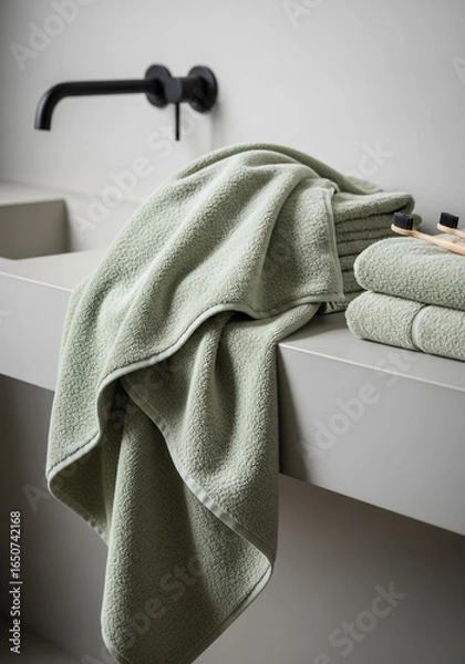 Fototapeta Soft sage green towel draped over a modern bathroom countertop