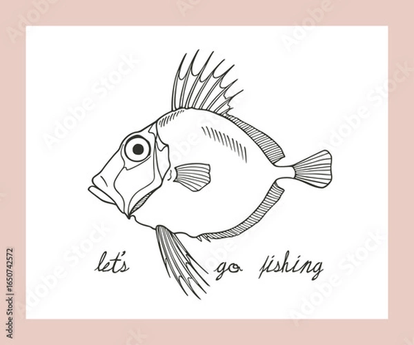 Fototapeta Vector fishing poster with hand drawn illustration of a funny fish made in graphic style. Ink drawing, beautiful design elements. 