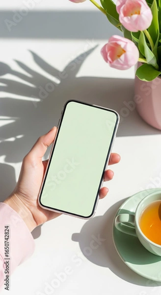 Fototapeta Hand holding a smartphone with a blank screen next to tulips and tea