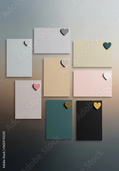 Fototapeta Arrangement of colorful square and rectangular notepads with heart shaped magnets