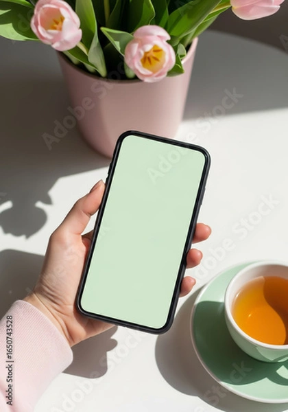 Fototapeta Hand holding a smartphone with a blank screen next to a cup of tea and flowers