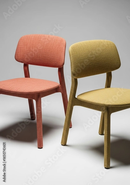 Fototapeta Two modern upholstered chairs in warm earthy tones against a neutral background