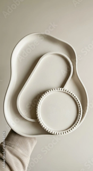 Fototapeta Three organic shaped white ceramic plates stacked on a hand