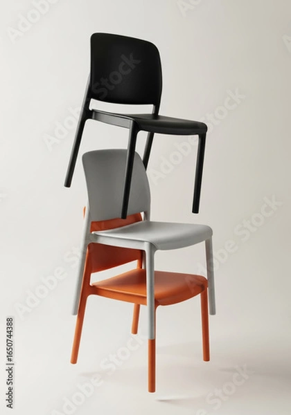 Fototapeta Stack of three modern chairs in different colors on a light background
