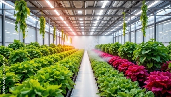 Fototapeta visualize a modern indoor farm using climate control to regulate temperature and humidity improving plant quality promoting uniform growth better taste color aroma texture and resilience against envir