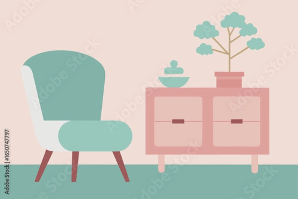 Obraz Blush Pink Chair and Mint Green Cabinet with Bonsai Tree