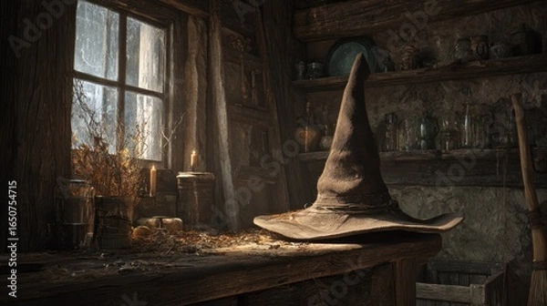 Fototapeta dirty and dusty old house atmosphere with a witch's hat on the table