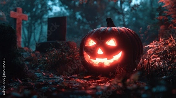 Obraz spooky cemetery and pumpkin lanterns on Halloween