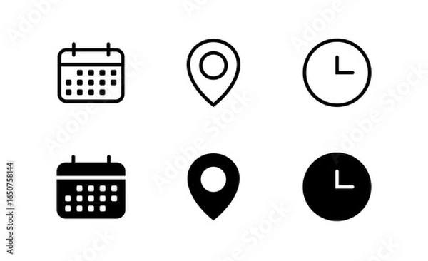 Fototapeta Calendar, time, clock, address, location icon set. Icons for schedule, date, reminder, adress, invitation, event, business	