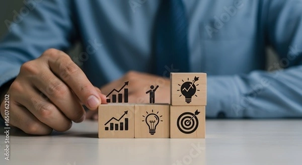 Fototapeta Businessman Stacking Wooden Blocks with Growth, Innovation, and Target Icons Representing Business Strategy, Leadership, and Goal Achievement