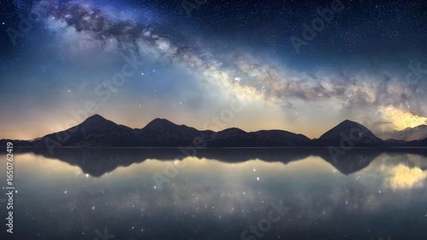 Fototapeta Misty morning sun rises over snow-capped mountains and a calm lake, creating a vibrant, colorful landscape