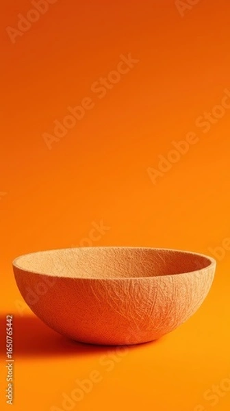 Fototapeta Textured Wooden Bowl Against Vibrant Orange Gradient Background for Minimalist Design Concept