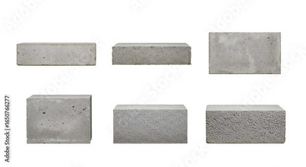 Obraz Collection of six rectangular concrete blocks on white. Industrial grey cement bricks from various angles for construction themes or as a minimalist pedestal, isolated on a white background.