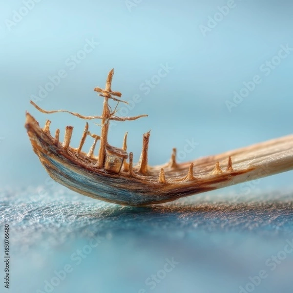 Fototapeta Intricate Toothpick Ship Sculpture on Blue Background with Close-Up Macro Detail and Soft Focus