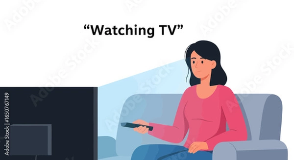 Fototapeta Flat vector illustration of a woman relaxing on a couch, watching television and changing channels with a remote. Modern home lifestyle concept.