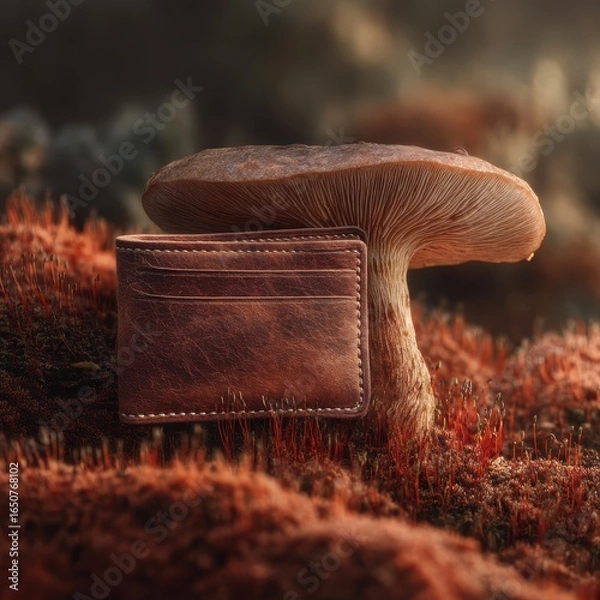 Fototapeta Rustic Leather Wallet Resting Against Majestic Mushroom in Mystical Forest Setting