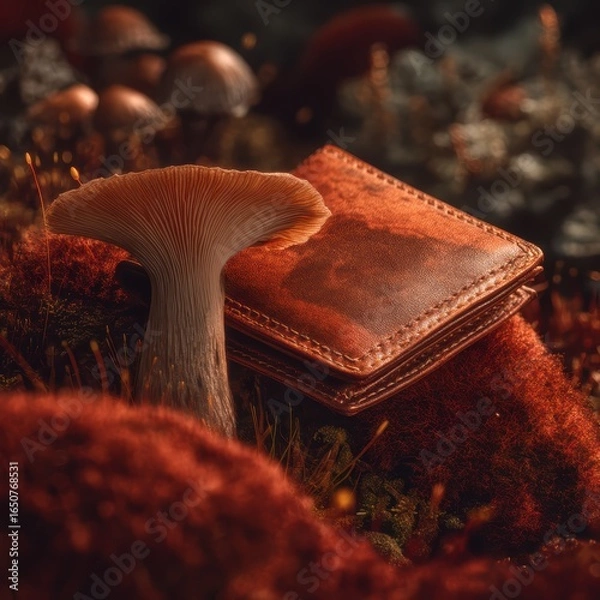 Fototapeta Rustic Leather Wallet Nestled Amidst Enchanting Forest Floor with Mushrooms and Moss