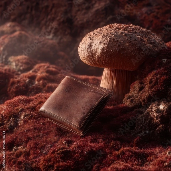 Fototapeta Rustic Leather Wallet on Mossy Terrain Beside Large Textured Mushroom in Moody Lighting