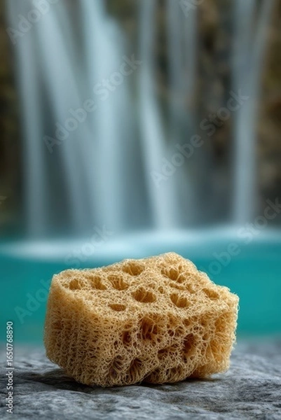 Fototapeta Natural Sea Sponge on Rock with Blurred Waterfall Background and Tranquil Turquoise Pool