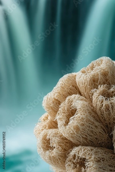 Fototapeta Natural Loofah Sponge with Soft Focus Background of Flowing Waterfall Cascade