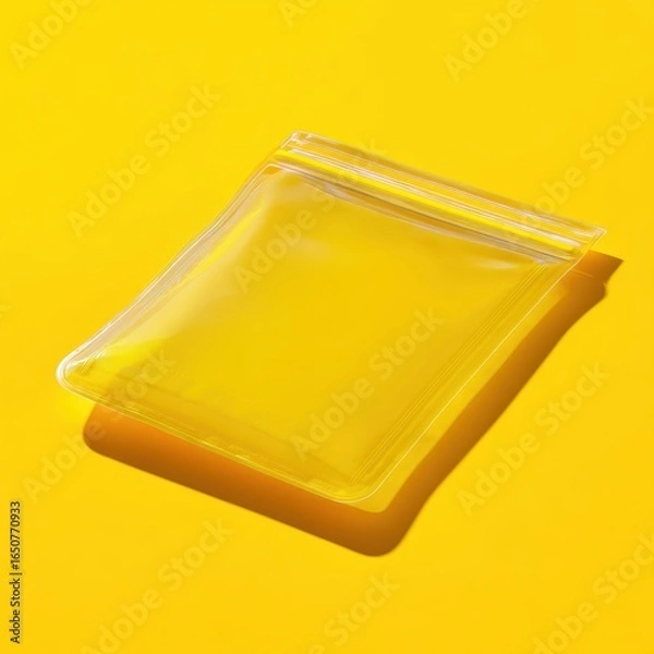 Fototapeta Transparent Plastic Ziplock Bag on Bright Yellow Background with Minimalist Shadow Play