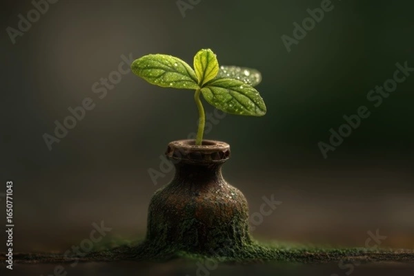 Fototapeta Vibrant Green Seedling Emerging from Rustic Bottle with Dew-Kissed Leaves in Soft Focus