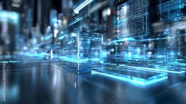 Fototapeta Hyper-realistic 3D digital background with cool blue neon, glossy glass, liquid metal, and holographic AI data visualization for technology media.