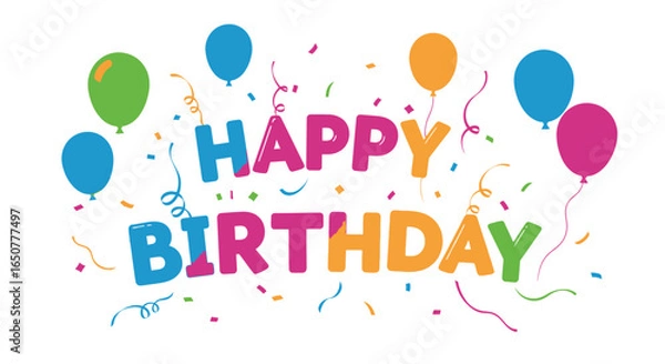 Fototapeta Vector art of a happy birthday design with balloons and confetti isolated on white background