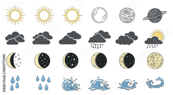 Fototapeta Vector art of weather icons depicting sun, clouds, moon phases, rain and waves isolated on white background