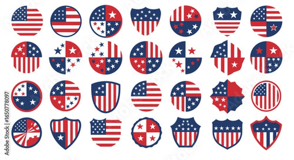 Fototapeta Vector art of collection of patriotic american flag emblems and badges isolated on white background