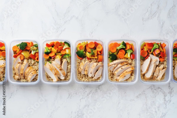 Fototapeta Healthy meal prep with grilled chicken, rice, and colorful vegetables arranged in clear containers on a marble countertop Generative AI