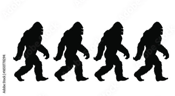 Fototapeta Vector art of silhouetted bigfoot figures walking in a row isolated on white background