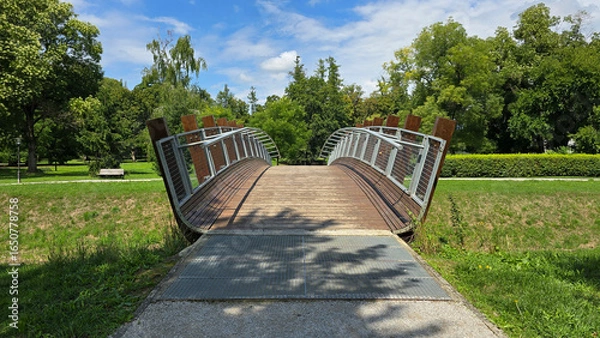 Obraz Modern wood and steel footbridge with gently sloping ramp connects park trails, framed by fresh green grass and mixed tree species in a well-kept city park