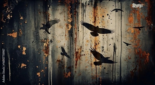 Fototapeta A flock of birds silhouetted against a textured wall with peeling paint and rust like stains design