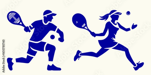 Obraz Simple black and white icon of male tennis player and female tennis player in motion, two separate silhouette illustrations isolated on transparent background
