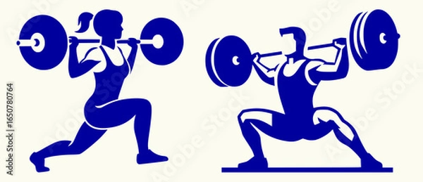 Obraz Simple black and white icon of male weightlifter and female weightlifter in motion, two separate silhouette illustrations isolated on transparent background
