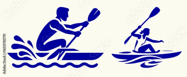 Obraz Simple black and white icon of male kayaker and female kayaker in motion, two separate silhouette illustrations isolated on transparent background
