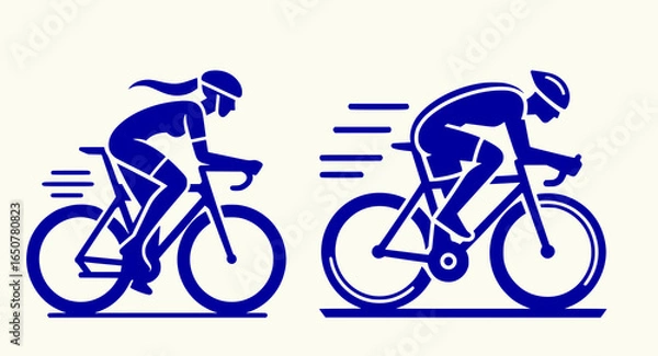 Obraz Simple black and white icon of male cyclist and female cyclist in motion, two separate silhouette illustrations isolated on transparent background
